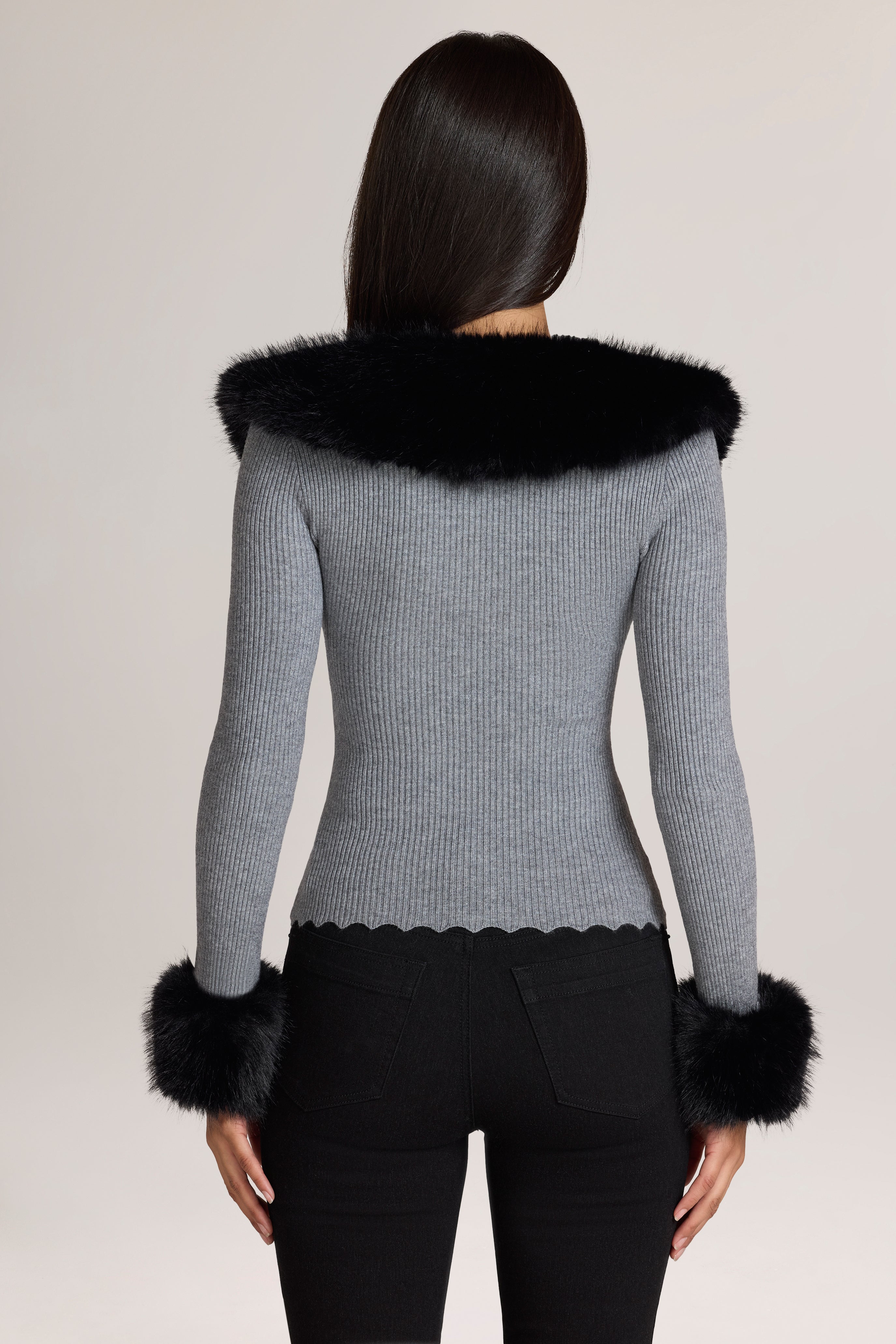 Lissie Knit Faux-Fur-Trim Cardigan in Charcoal Grey | Oh Polly