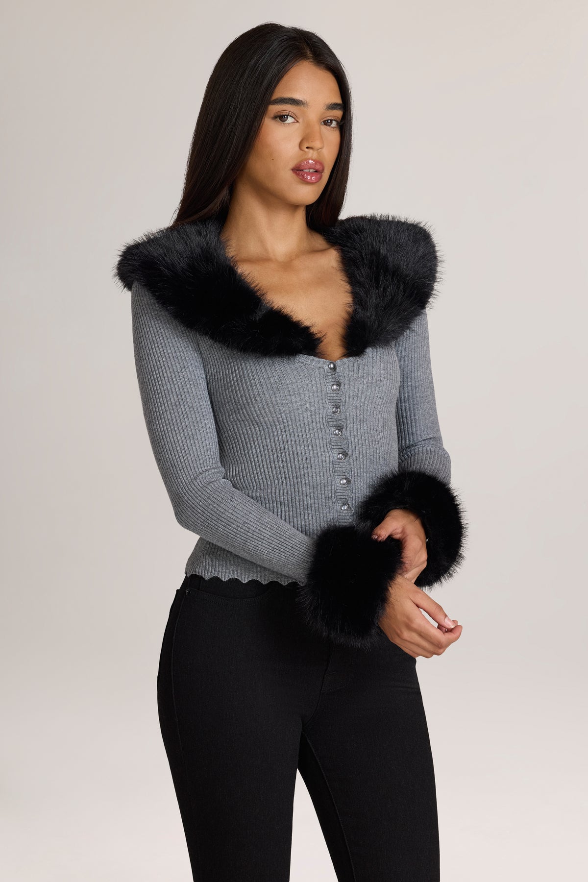 Knit Faux-Fur-Trim Cardigan in Charcoal Grey
