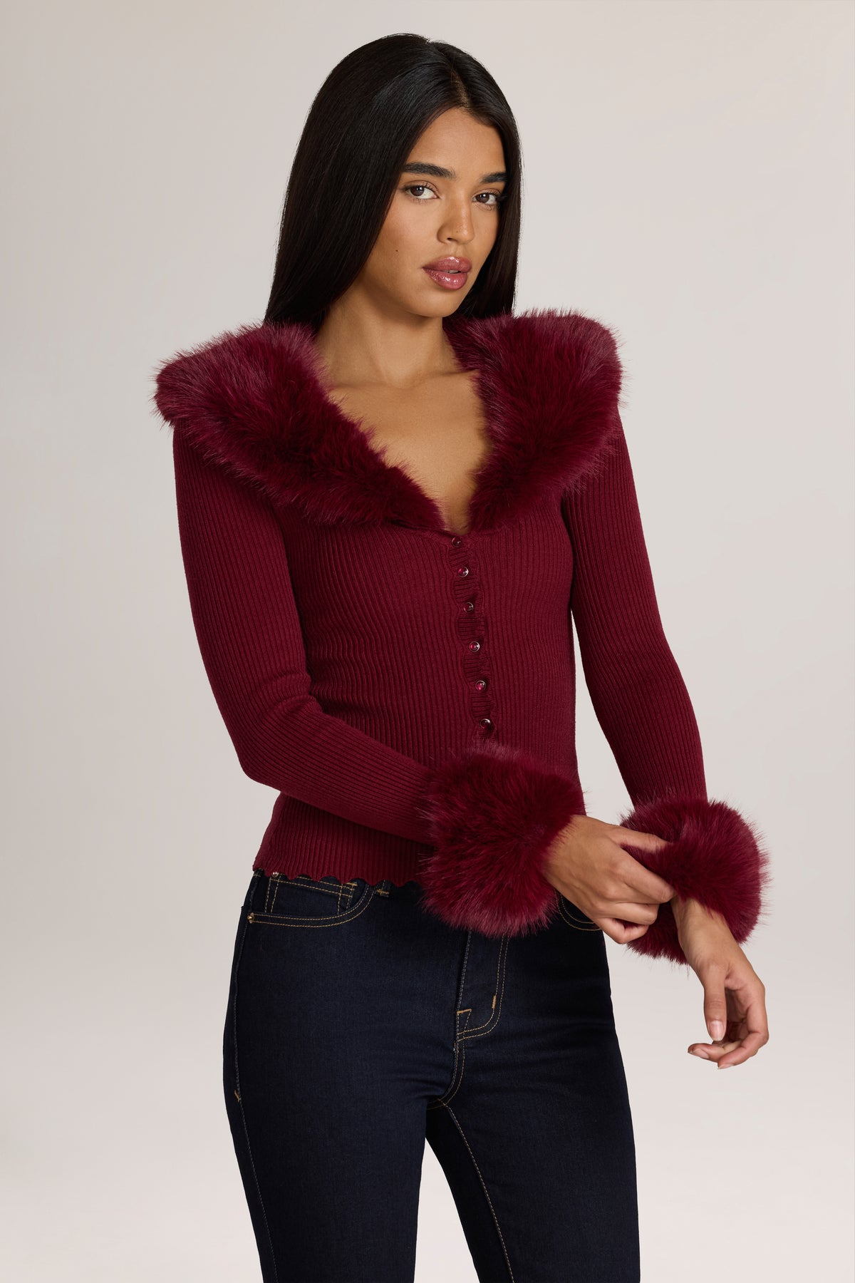 Knit Faux-Fur-Trim Cardigan in Wine