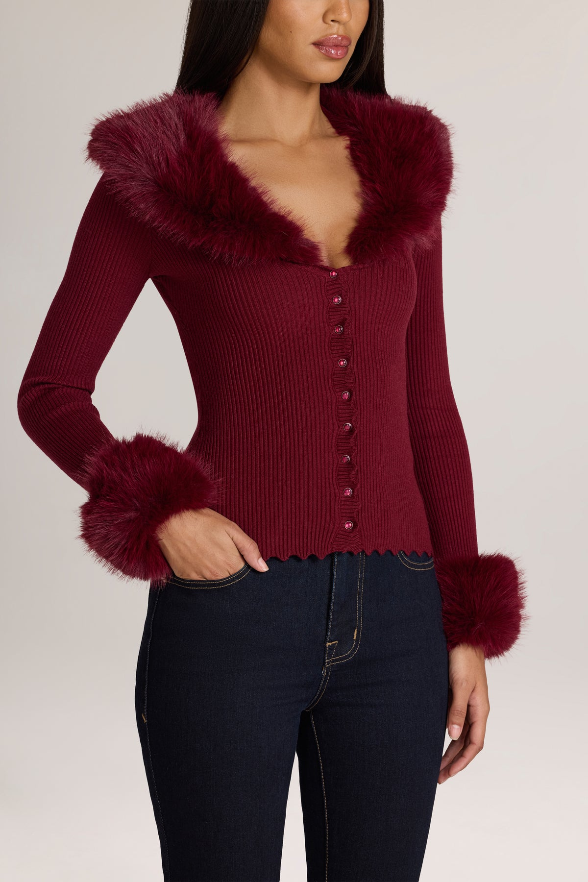 Knit Faux-Fur-Trim Cardigan in Wine - 1