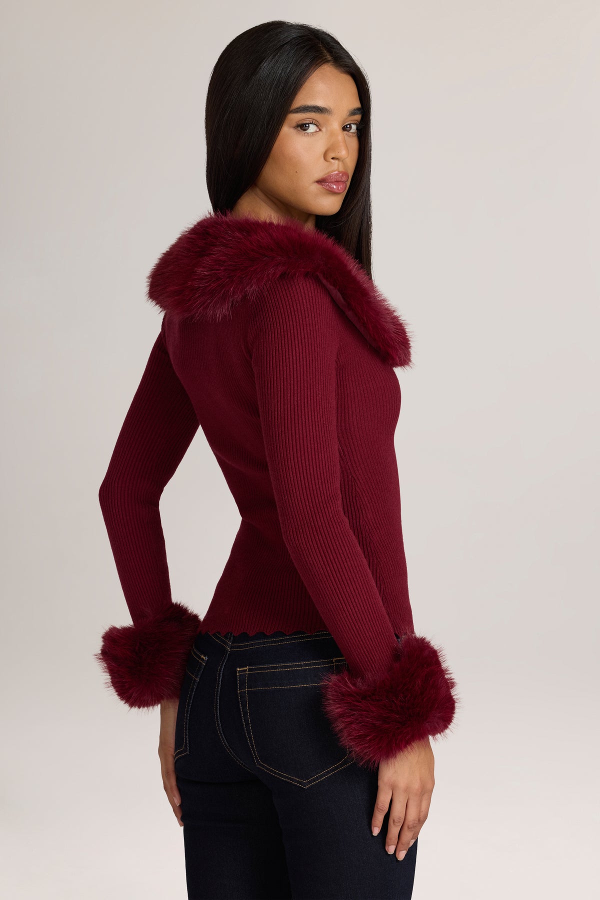 Knit Faux-Fur-Trim Cardigan in Wine