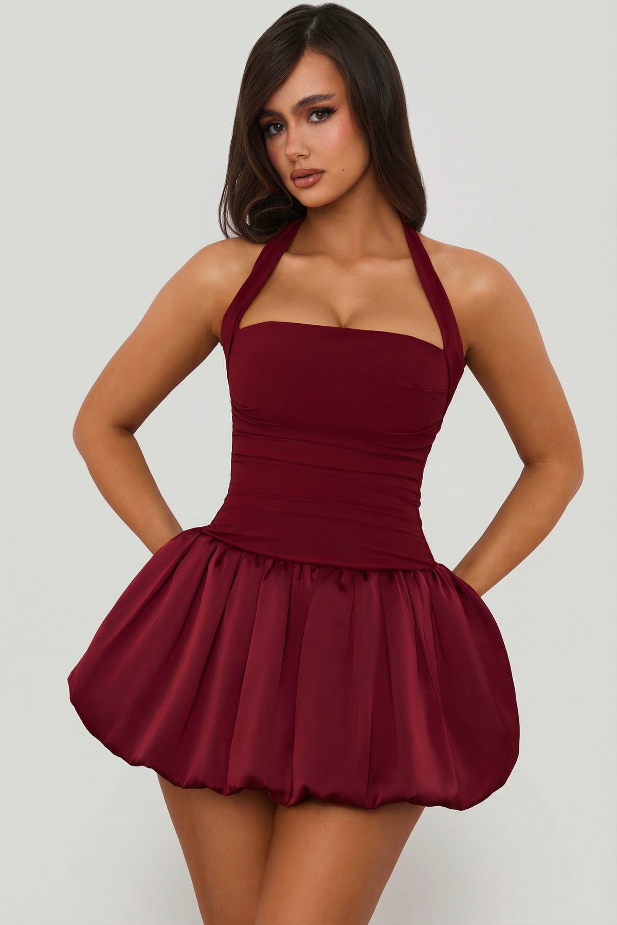 Ludmila Halterneck Lace-Up Bubble Hem Corset Micro Mini Dress in Berry Red