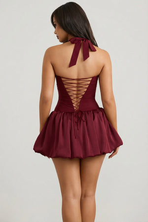 Halterneck Lace-Up Bubble Hem Corset Micro Mini Dress in Berry Red Halterneck Lace-Up Bubble Hem Corset Micro Mini Dress in Berry Red