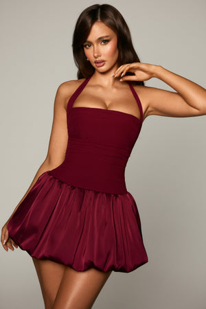 Halterneck Lace-Up Bubble Hem Corset Micro Mini Dress in Berry Red
