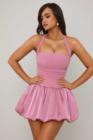 Halterneck Lace-Up Bubble Hem Corset Micro Mini Dress in Mauve