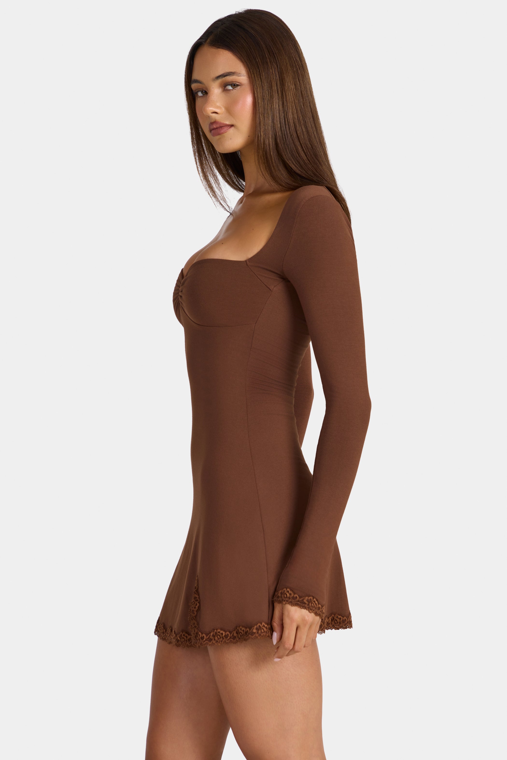 Modal Lace-Trim Long-Sleeve Mini Dress in Cocoa Brown