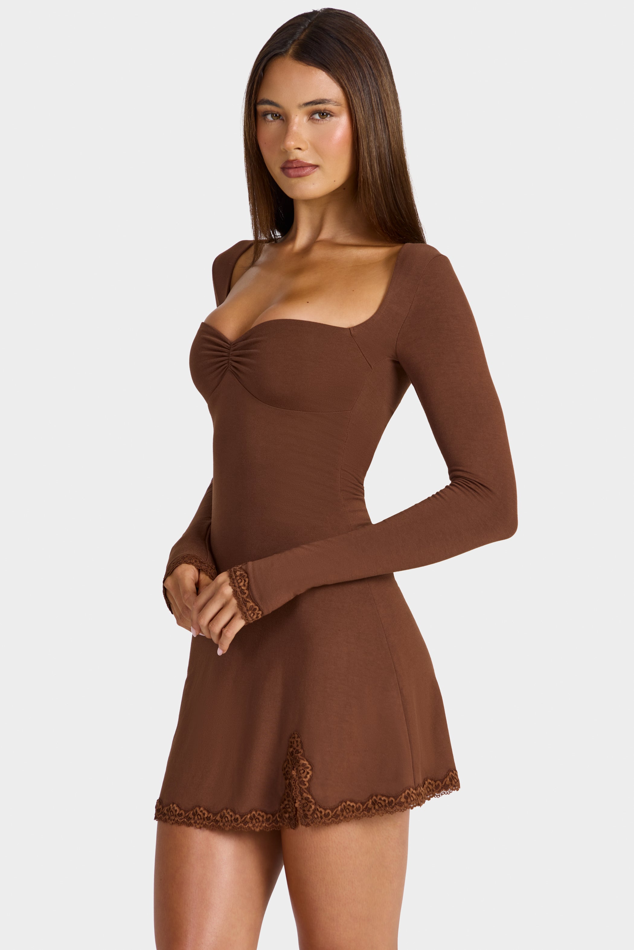 Modal Lace-Trim Long-Sleeve Mini Dress in Cocoa Brown