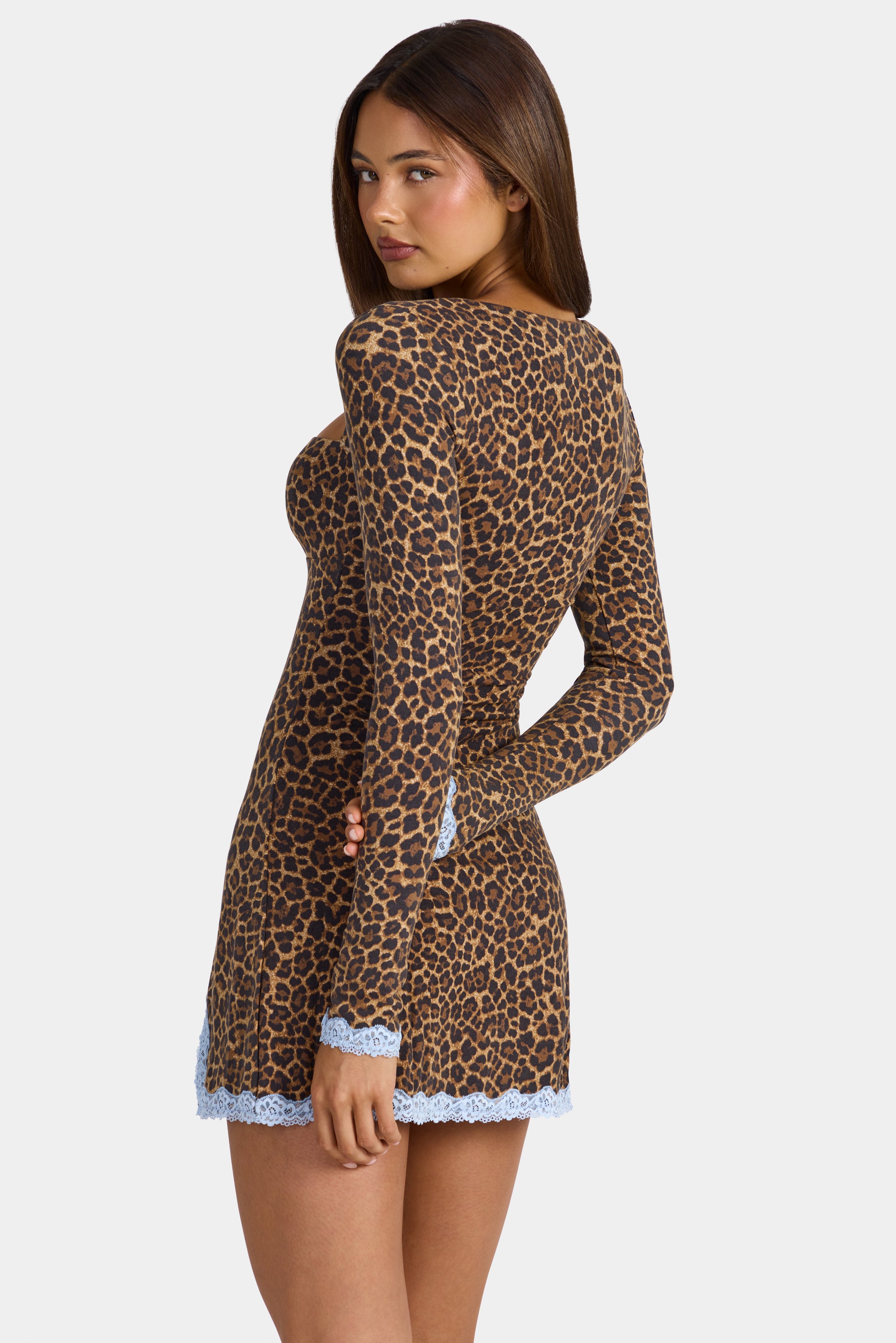 Modal Lace-Trim Long-Sleeve Mini Dress in Leopard
