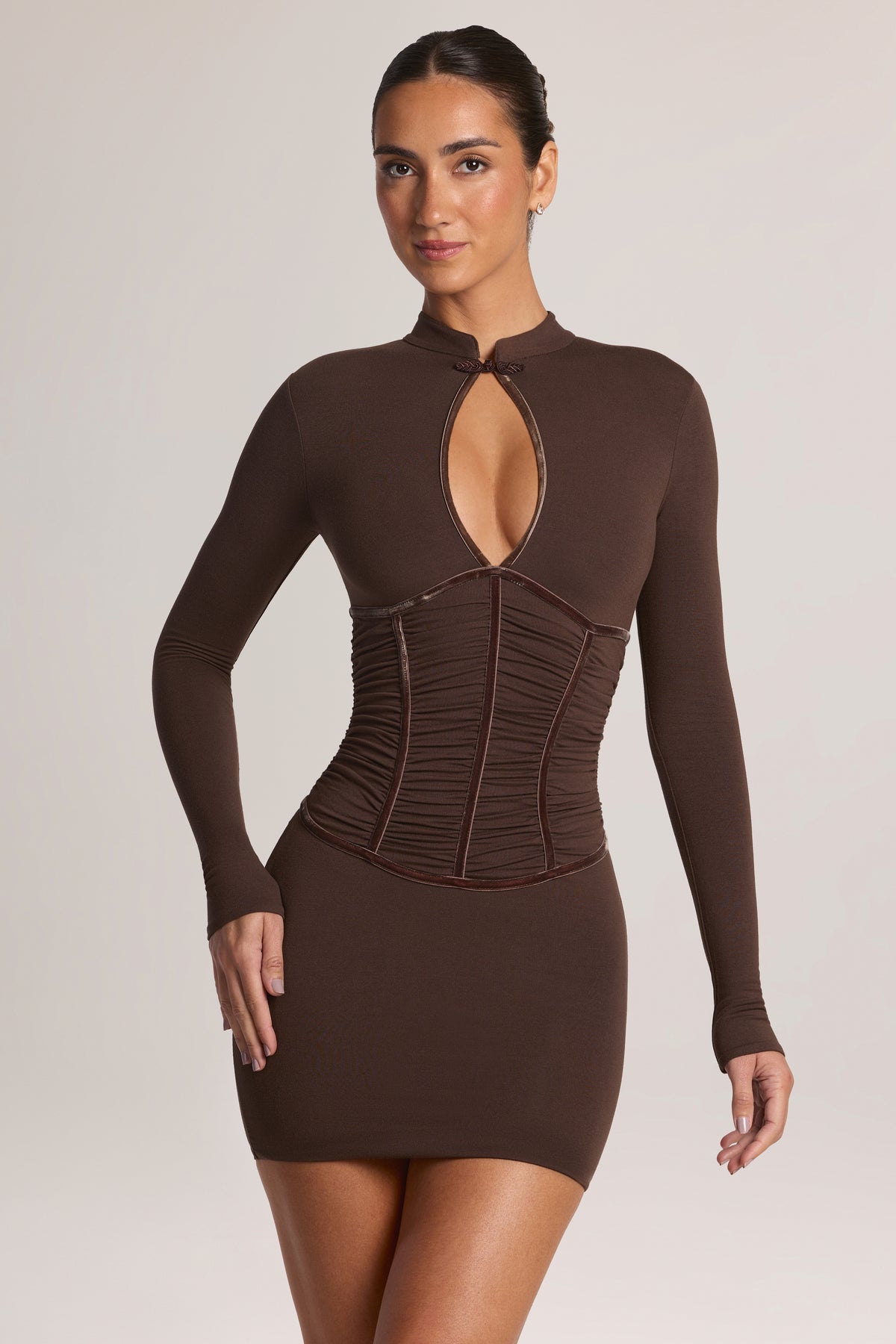 Modal Cut-Out Long-Sleeve Mini Dress in Chocolate Brown