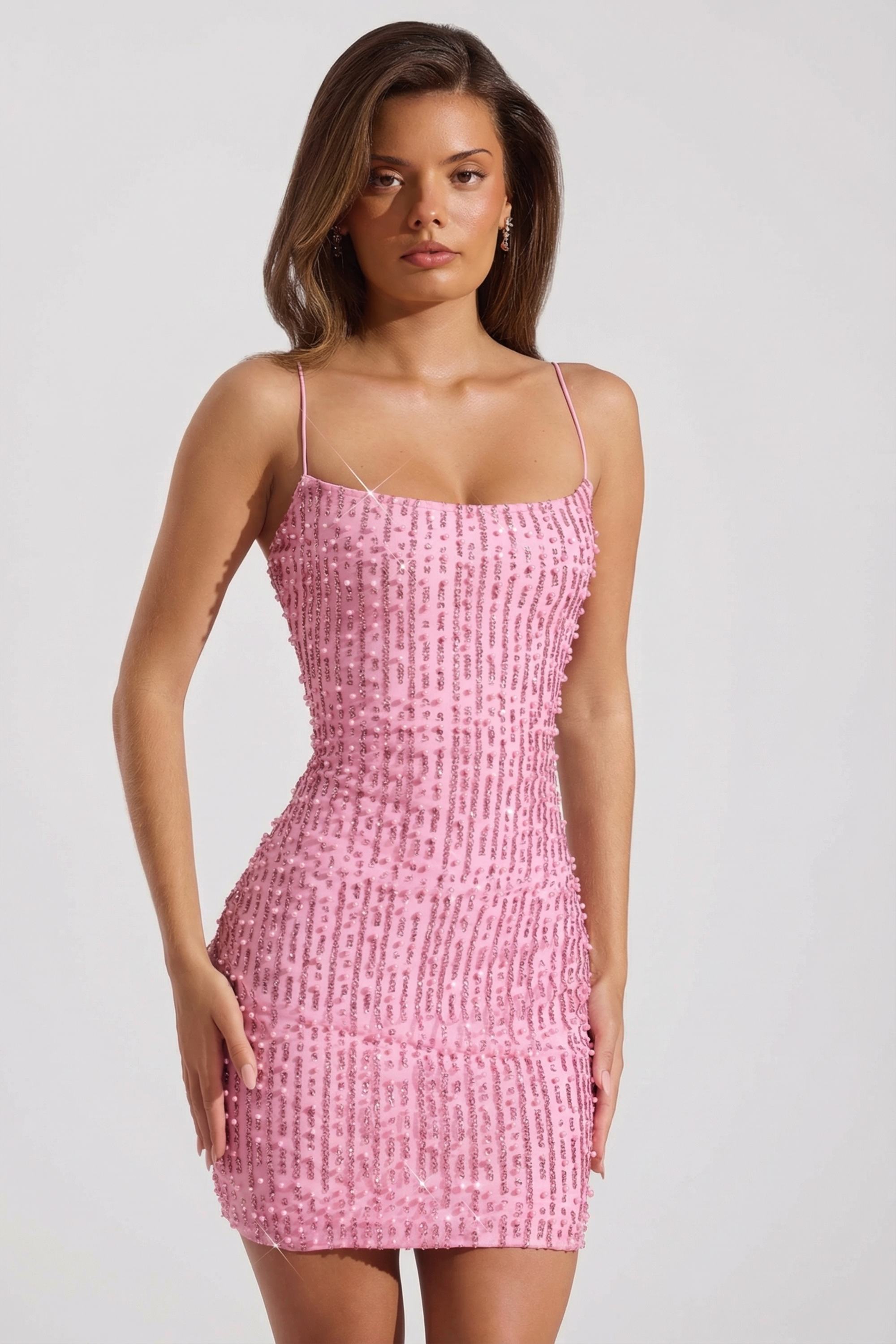 Embellished Scoop-Neck Bodycon Mini Dress in Pink - 2