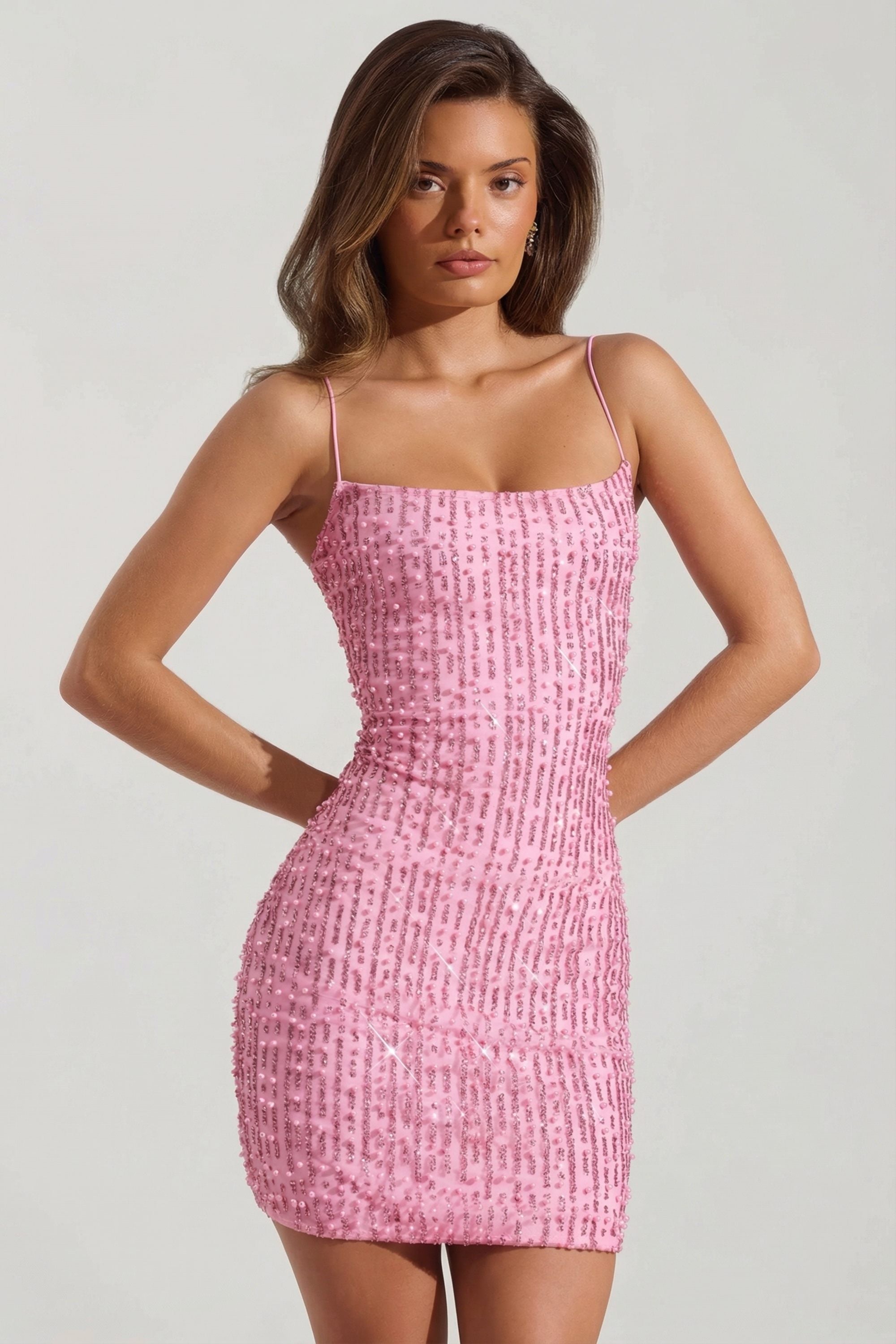 Embellished Scoop-Neck Bodycon Mini Dress in Pink - 2