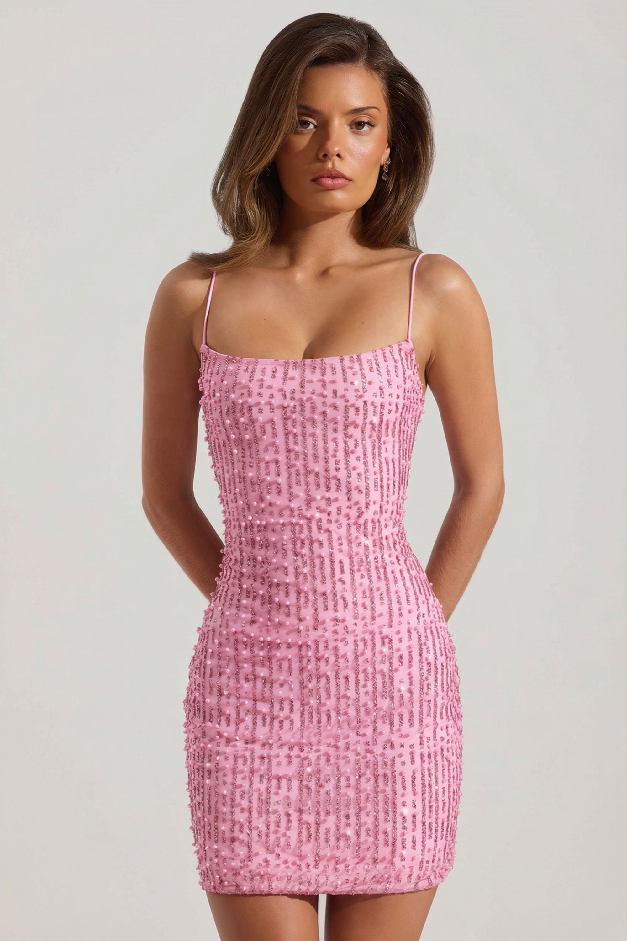 pink dress oh polly Embellished Scoop-Neck Bodycon Mini in 3D Floral Dress in bodysuit with popper Color:Cream and Black Polka Dot Halter Neck Belted Denim