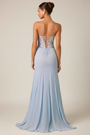 Embellished Corset Fishtail Gown in Floral Blue