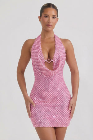 Embellished Heart-Detail Cowl-Neck Mini Dress in Pink