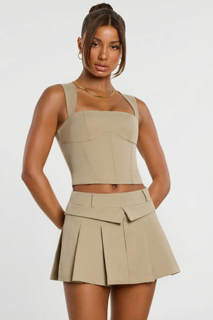 Oh Polly's Kiele wearing the Maize Mini Skirt in Taupe Wool fabric perfect for autumn brunches