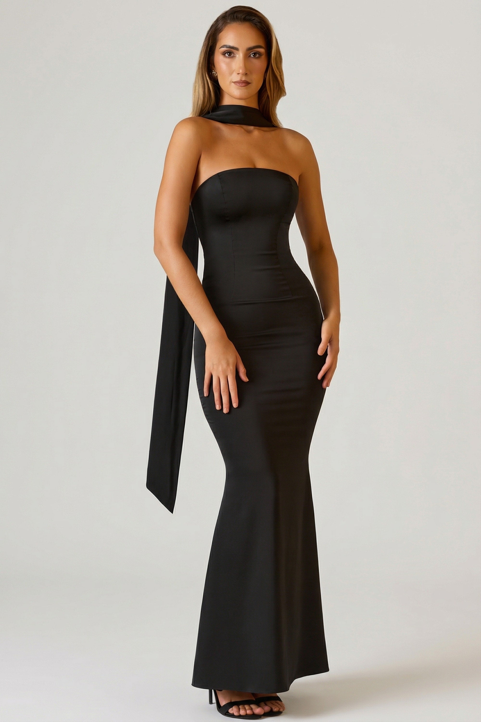 strapless dress with neck scarf Imogene Scarf-Detail Gown in Spring Green up back gives you a customized fit Strapless Dresses With Neck Scarves