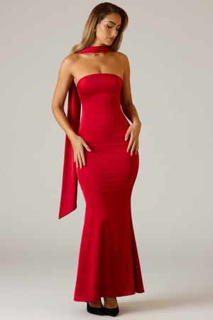 Scarf-Detail Strapless Gown in Scarlet Red