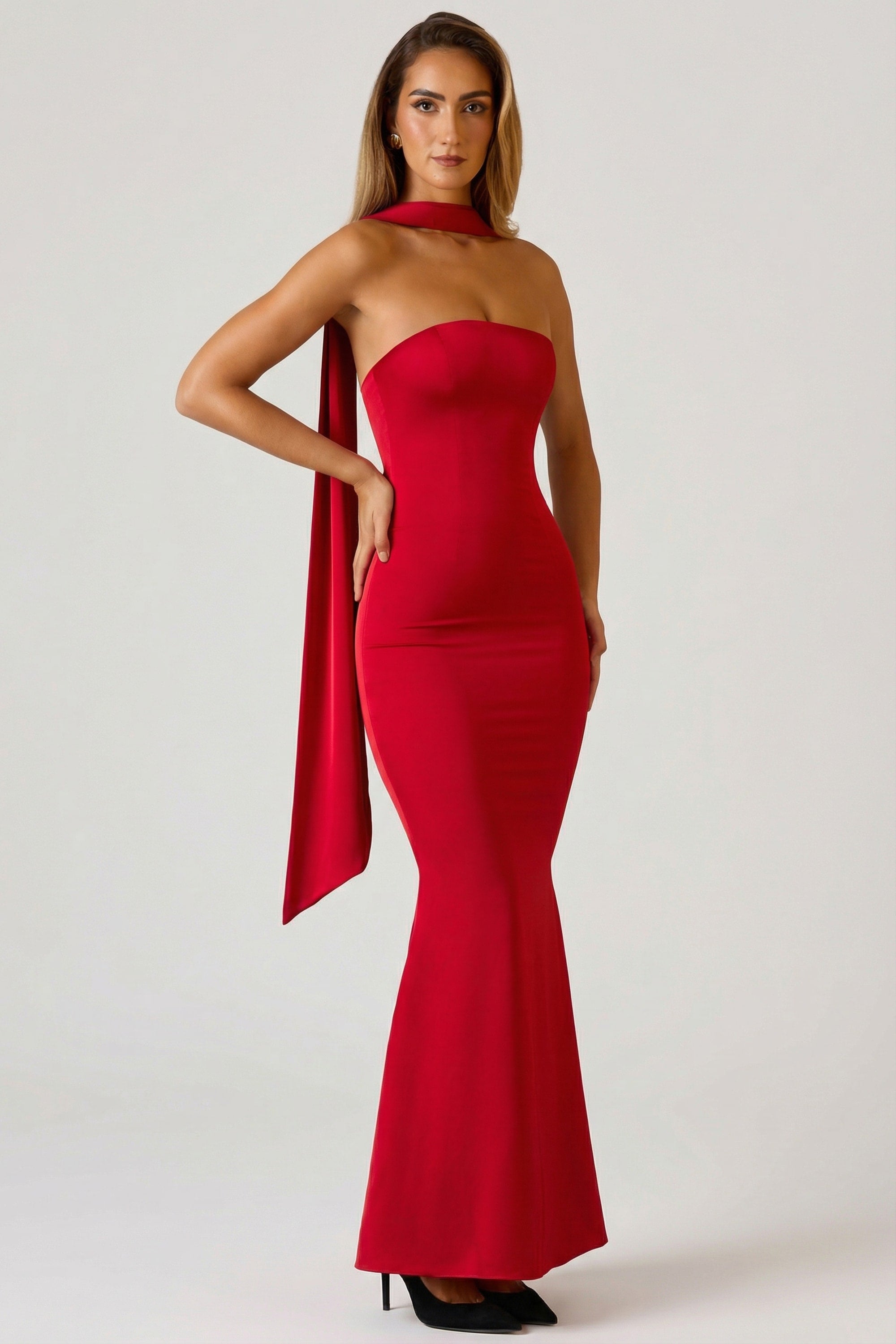 red dress with neck scarf Pretty Lavish satin maxi in Step into sophistication with the red mesh scarf detail maxi dress LPA Raveena Halter Scarf Maxi