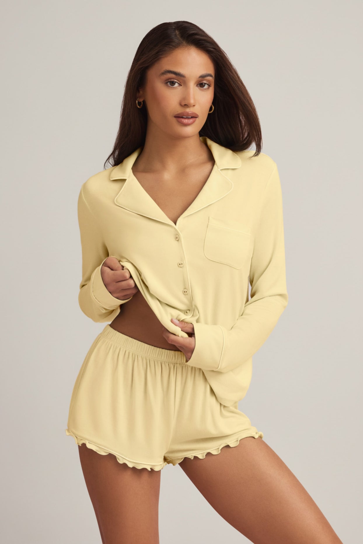 Modal Ruffle-Trim Pyjama Shorts in Pastel Yellow - 5