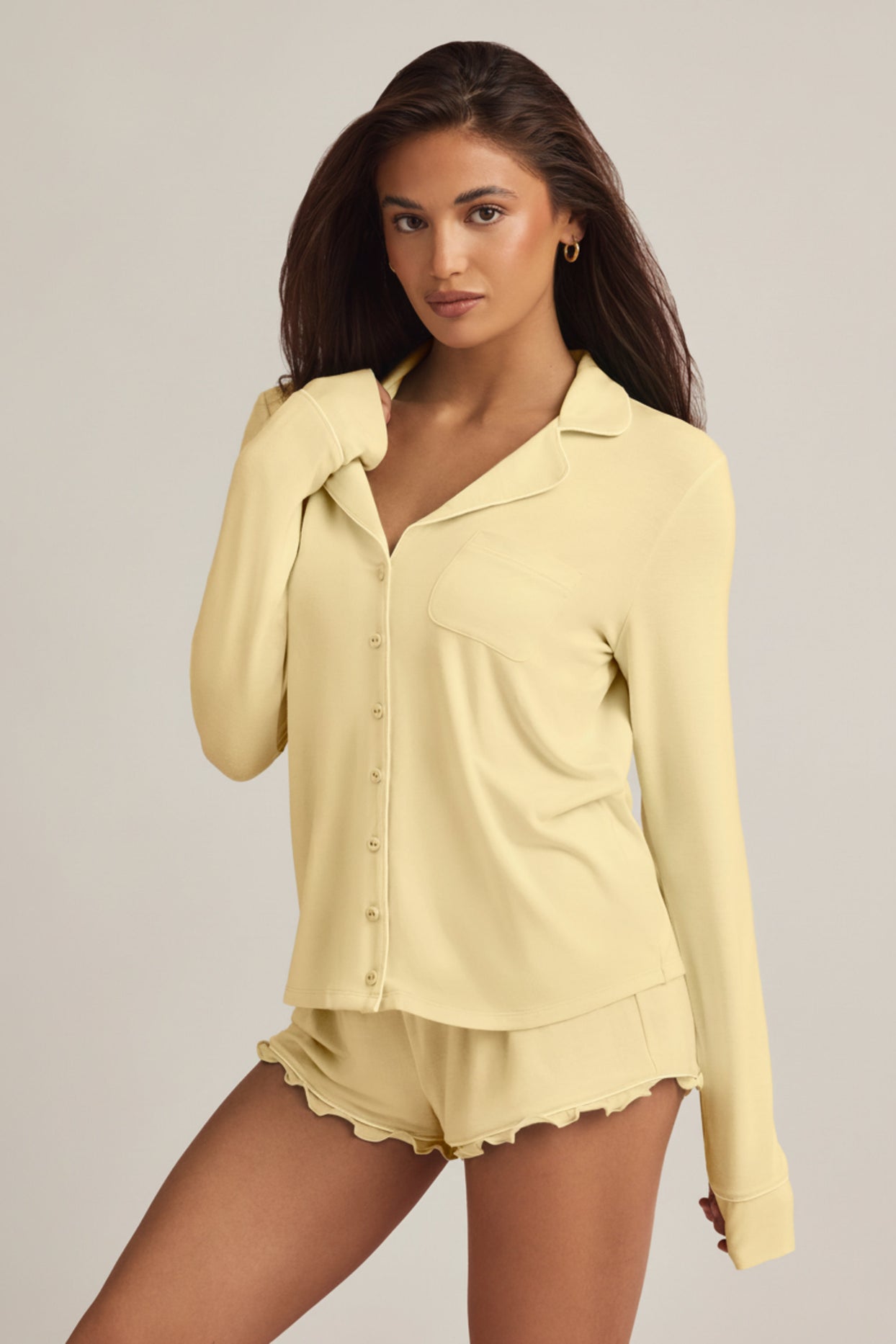 Modal Ruffle-Trim Pyjama Shorts in Pastel Yellow - 1