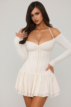 Off-Shoulder Tiered Corset Mini Dress in Ivory
