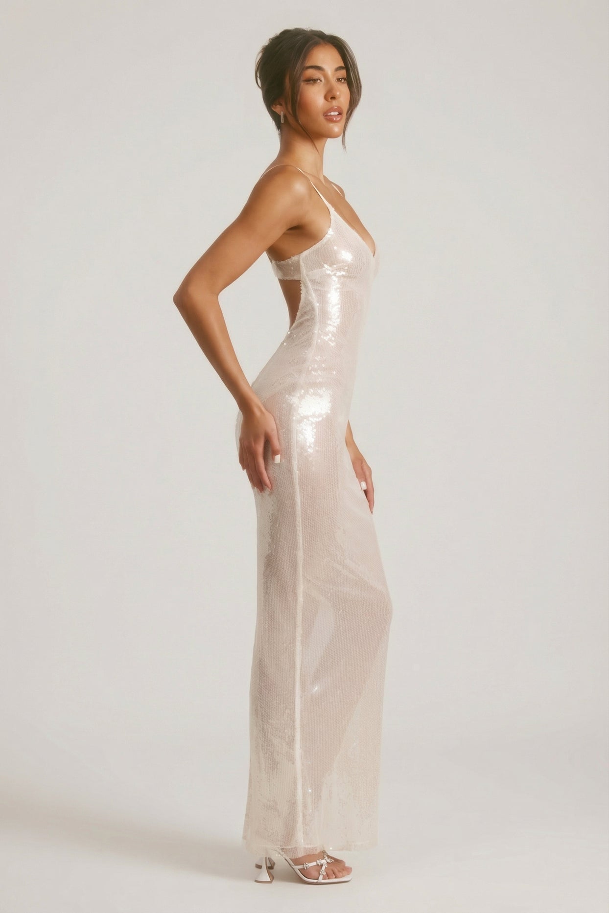 Sheer Sequin V-Neck Cut Out Back Evening Gown in White - 7