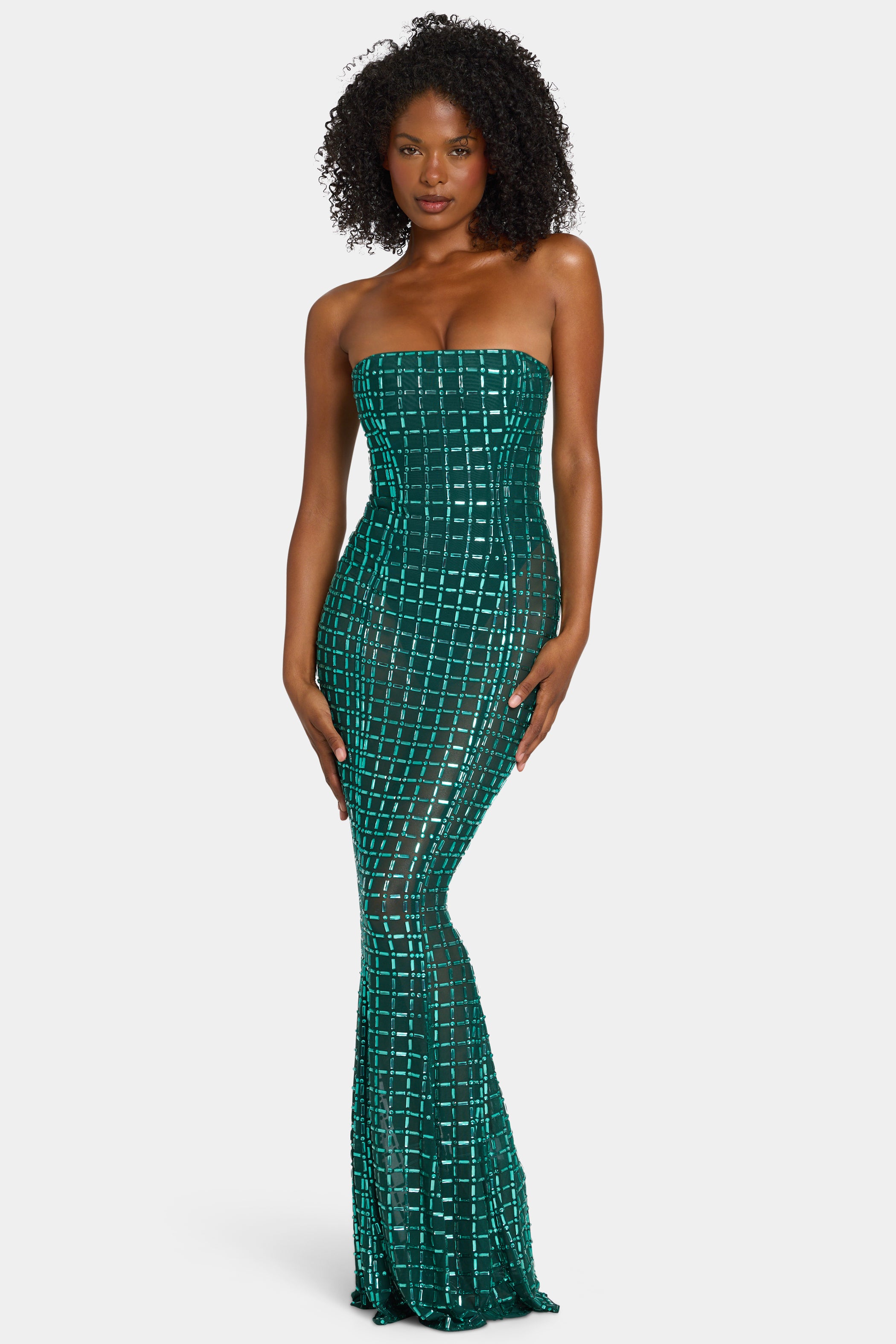 Marleni Embellished Strapless Gown in Emerald Green