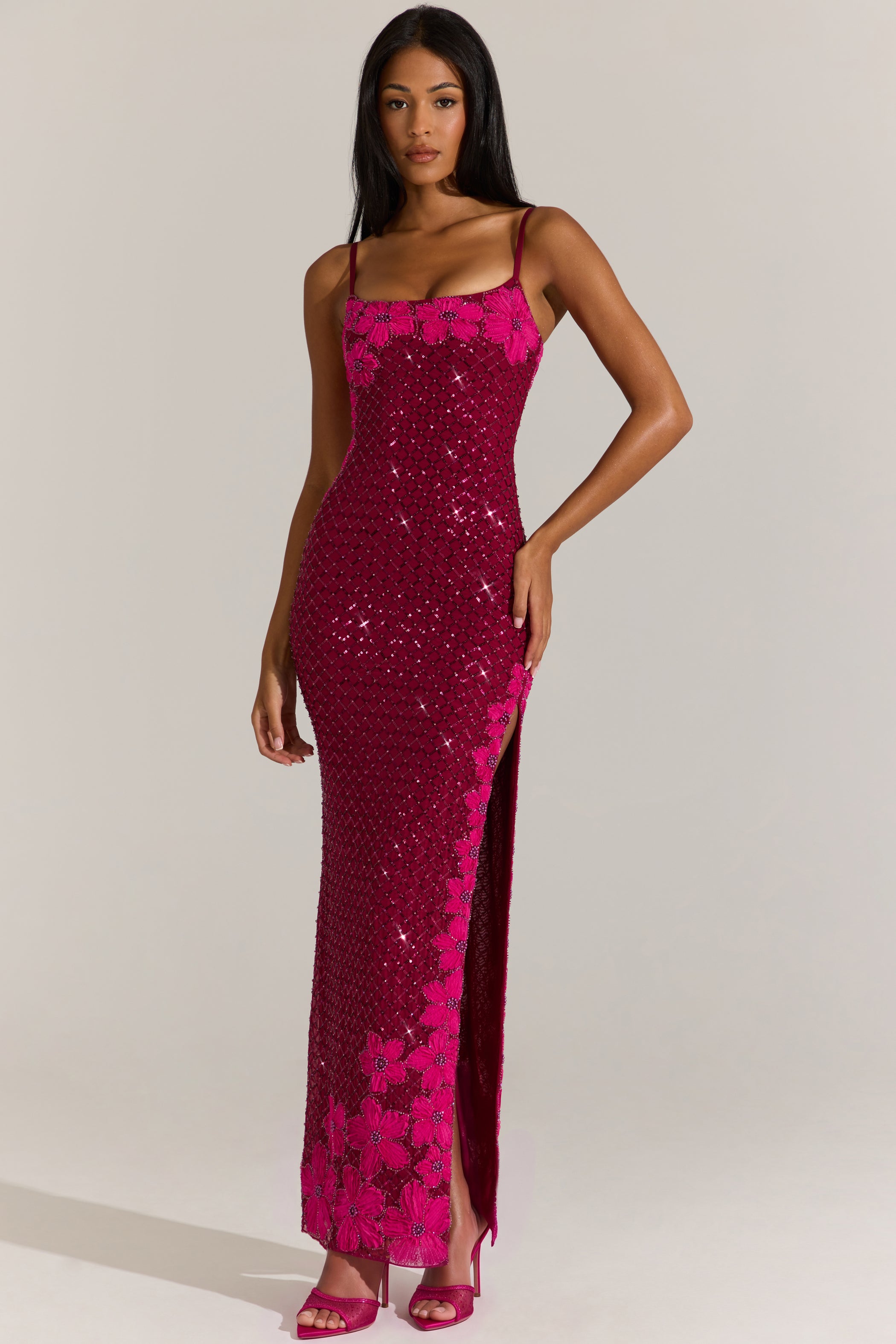 Embellished Square-Neck Maxi Dress in Cranberry