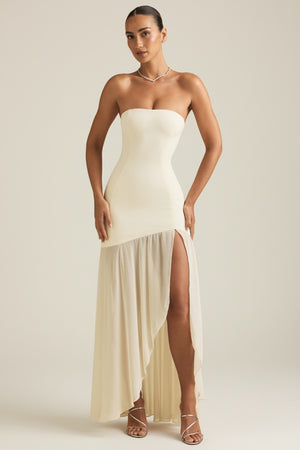 Asymmetric Strapless Fishtail Maxi Dress in Ivory