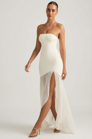 Melina Asymmetric Strapless Fishtail Maxi Dress in Ivory | Oh Polly Melina Asymmetric Strapless Fishtail Maxi Dress in Ivory | Oh Polly