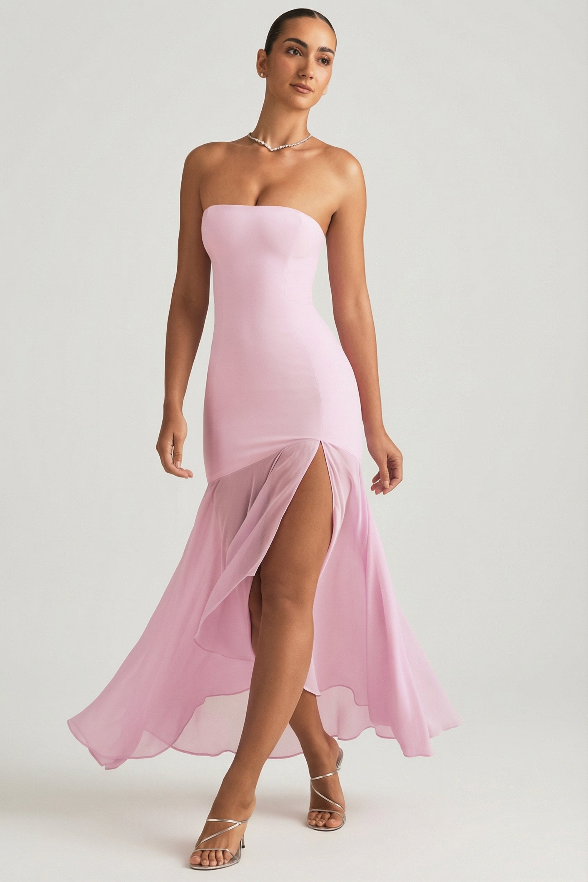Melina Asymmetric Strapless Fishtail Maxi Dress in Soft Pink