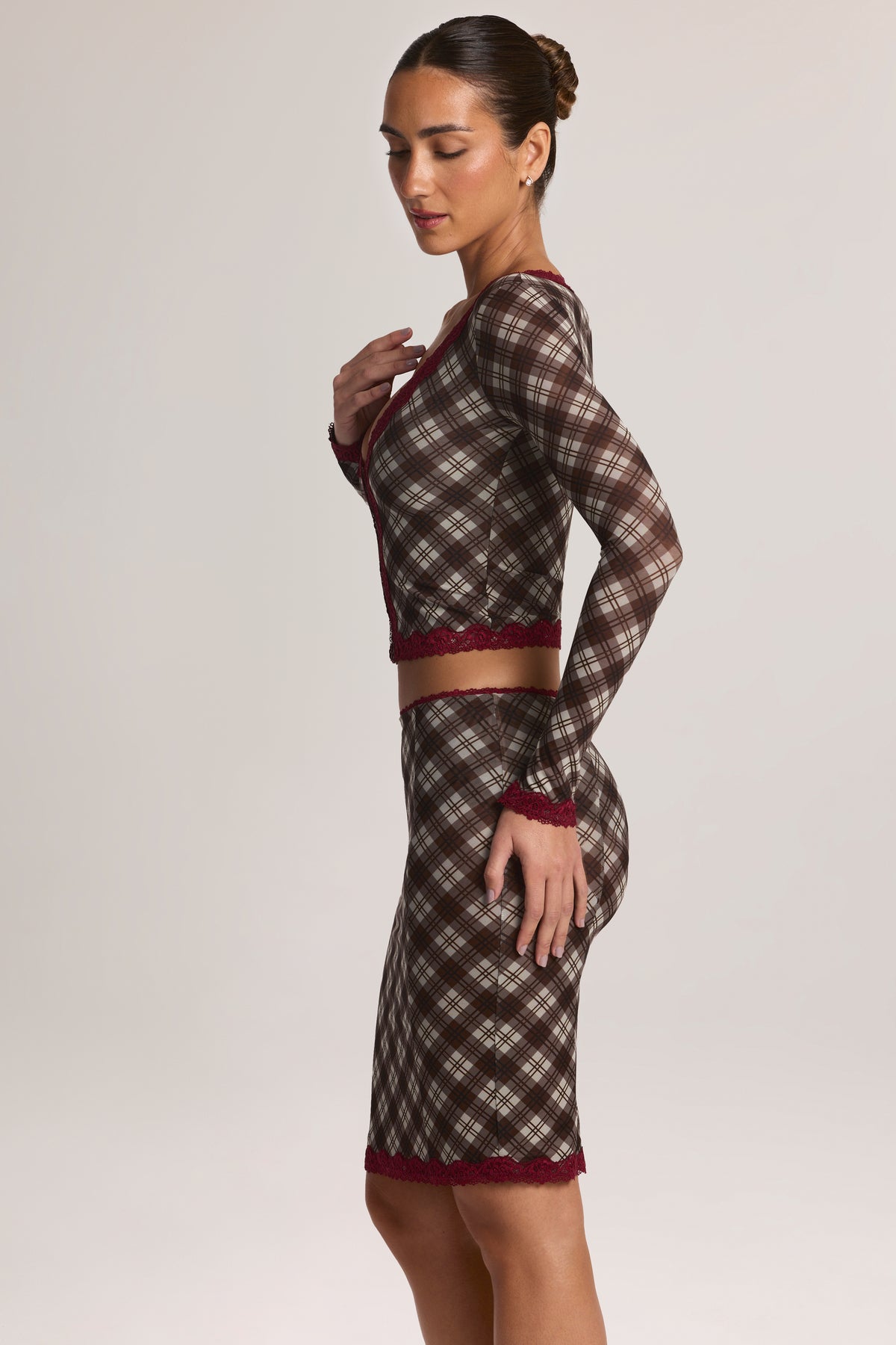 Lace-Trim Low-Rise Midi Skirt in Diagonal Check Print