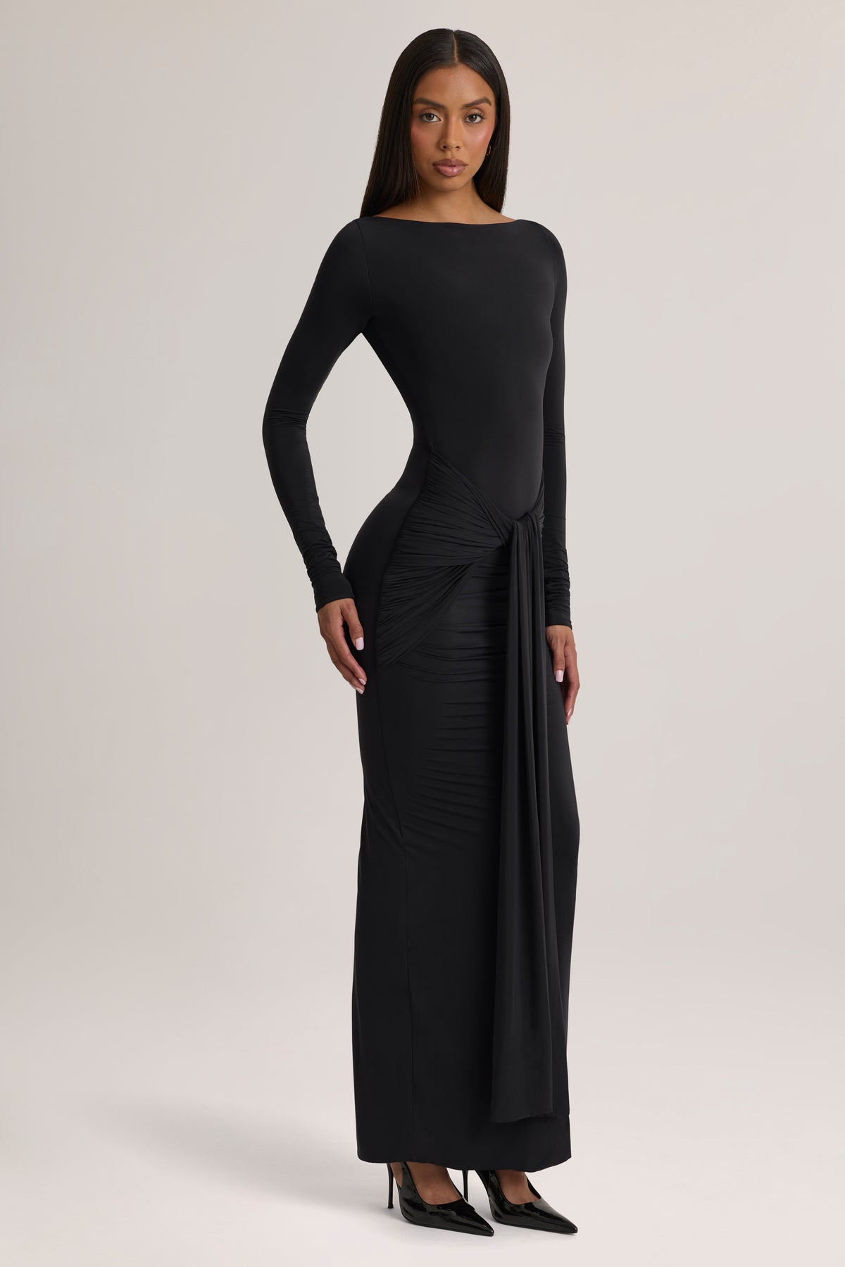 Soft Jersey Boat-Neck Tie-Gather Maxi Dress in Black