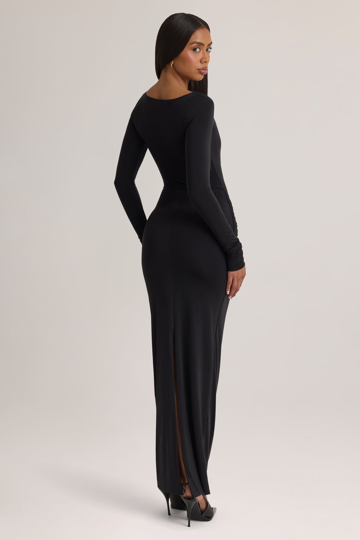 Soft Jersey Boat-Neck Tie-Gather Maxi Dress in Black