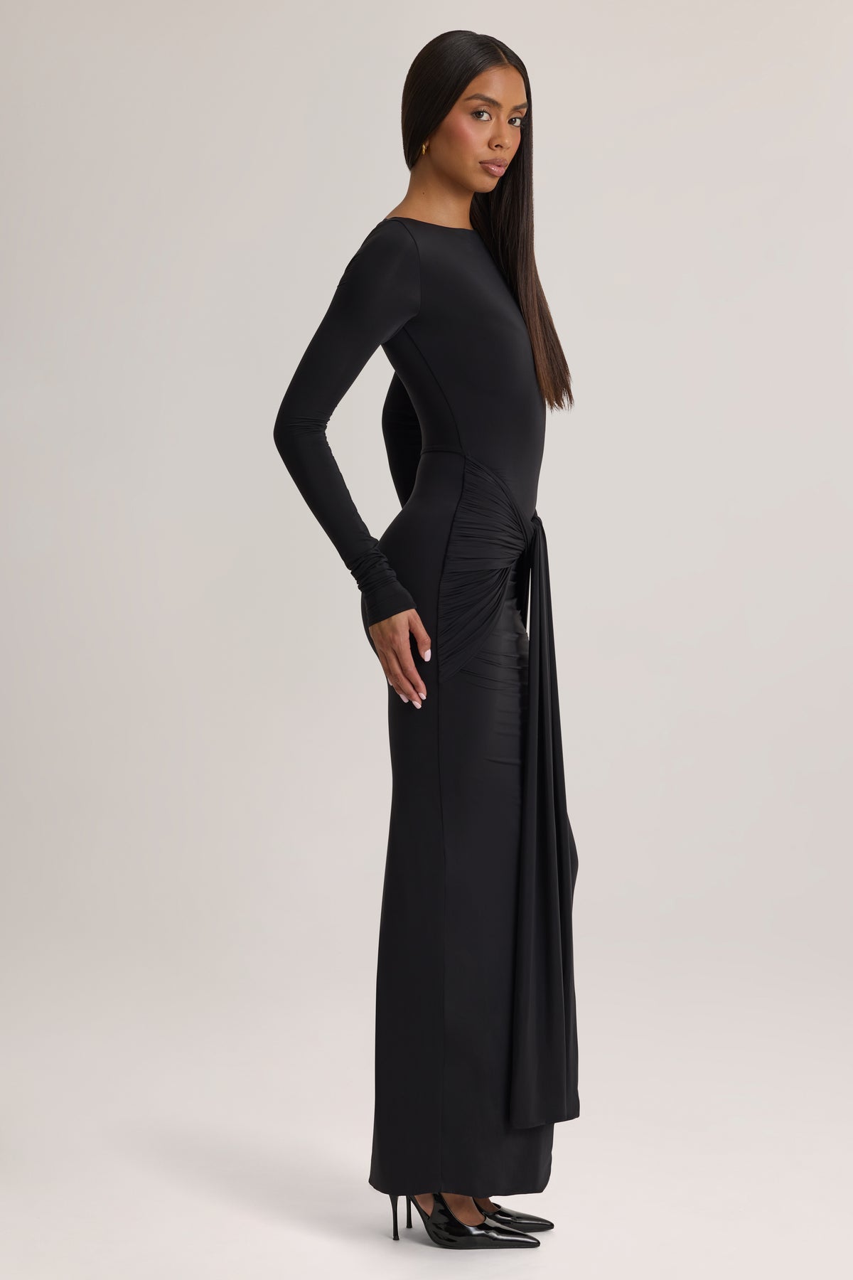Soft Jersey Boat-Neck Tie-Gather Maxi Dress in Black