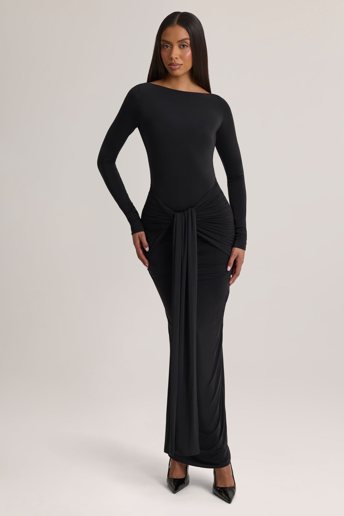 Soft Jersey Boat-Neck Tie-Gather Maxi Dress in Black