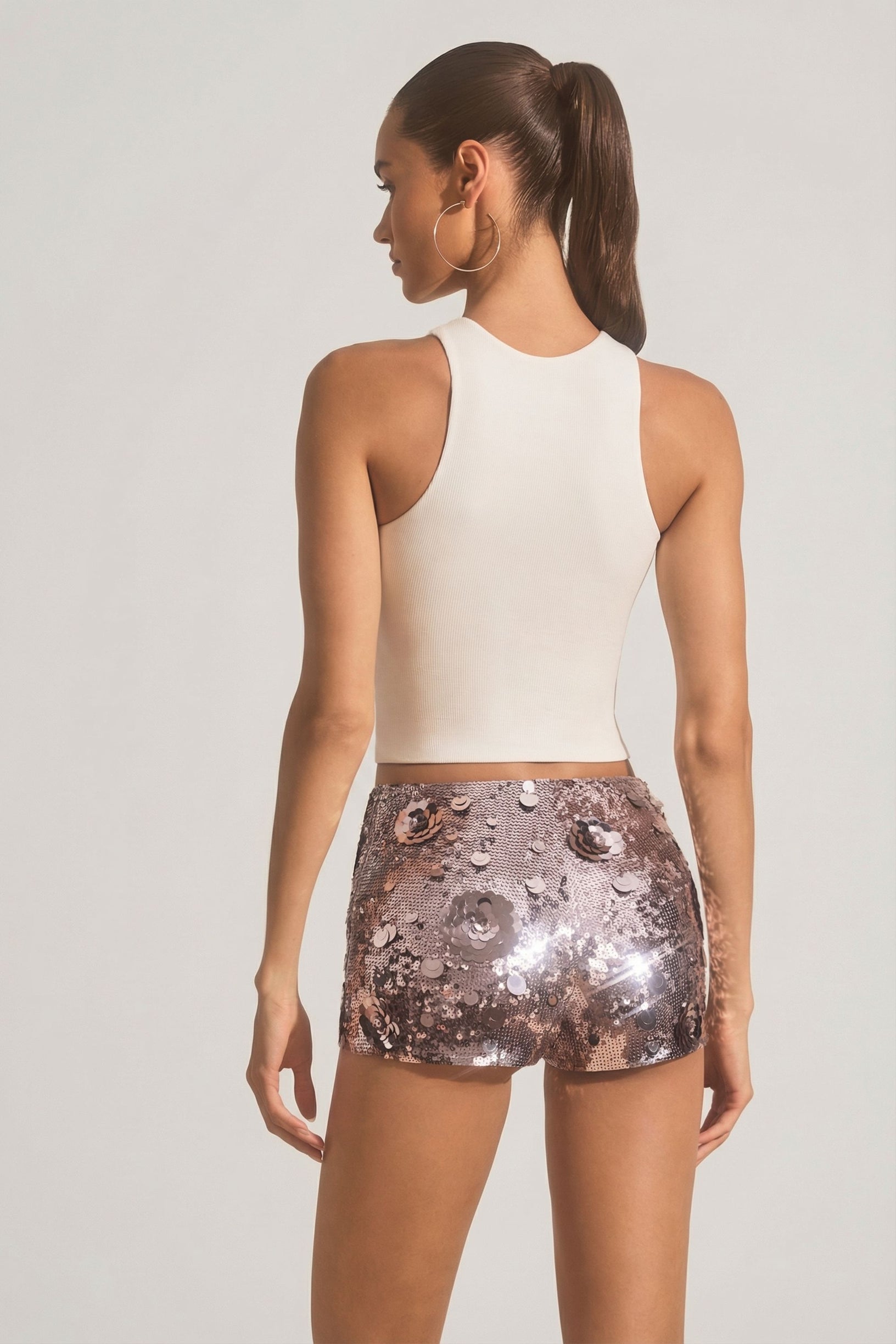 Sequin-Embellished Mini Shorts in Silver - 2