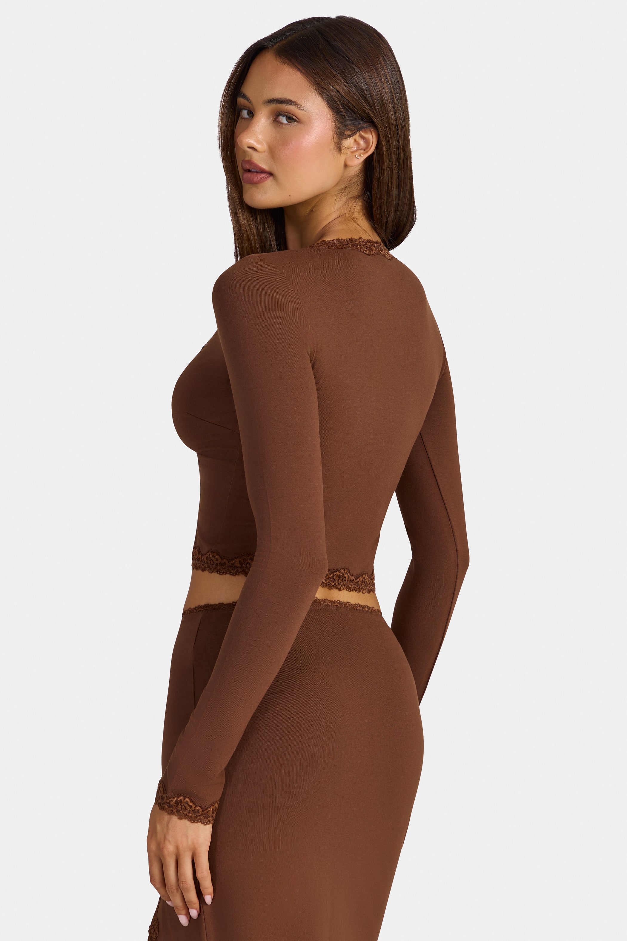Modal Lace-Trim Cropped Cardigan  in Cocoa Brown
