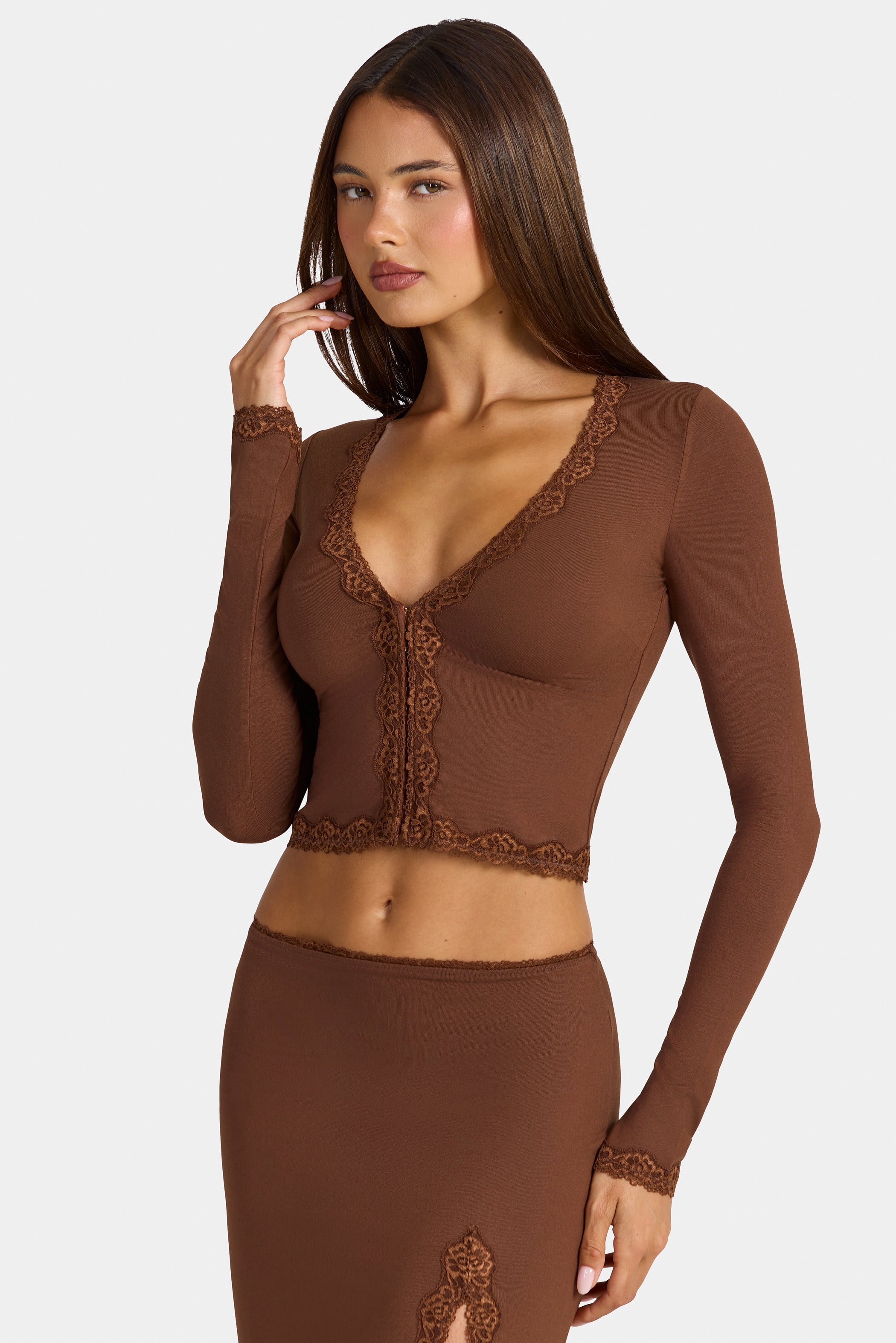 Modal Lace-Trim Cropped Cardigan  in Cocoa Brown