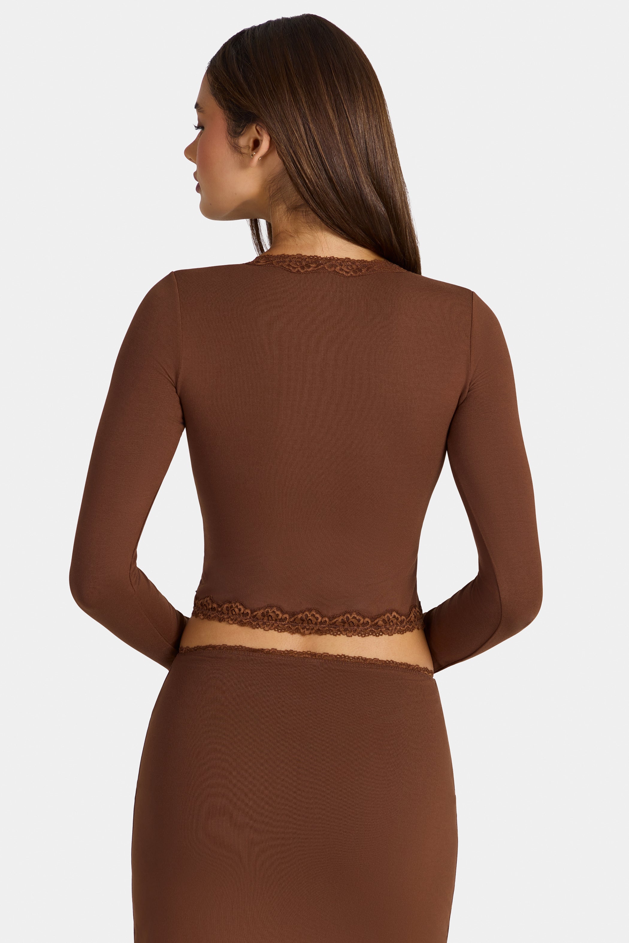Modal Lace-Trim Cropped Cardigan  in Cocoa Brown