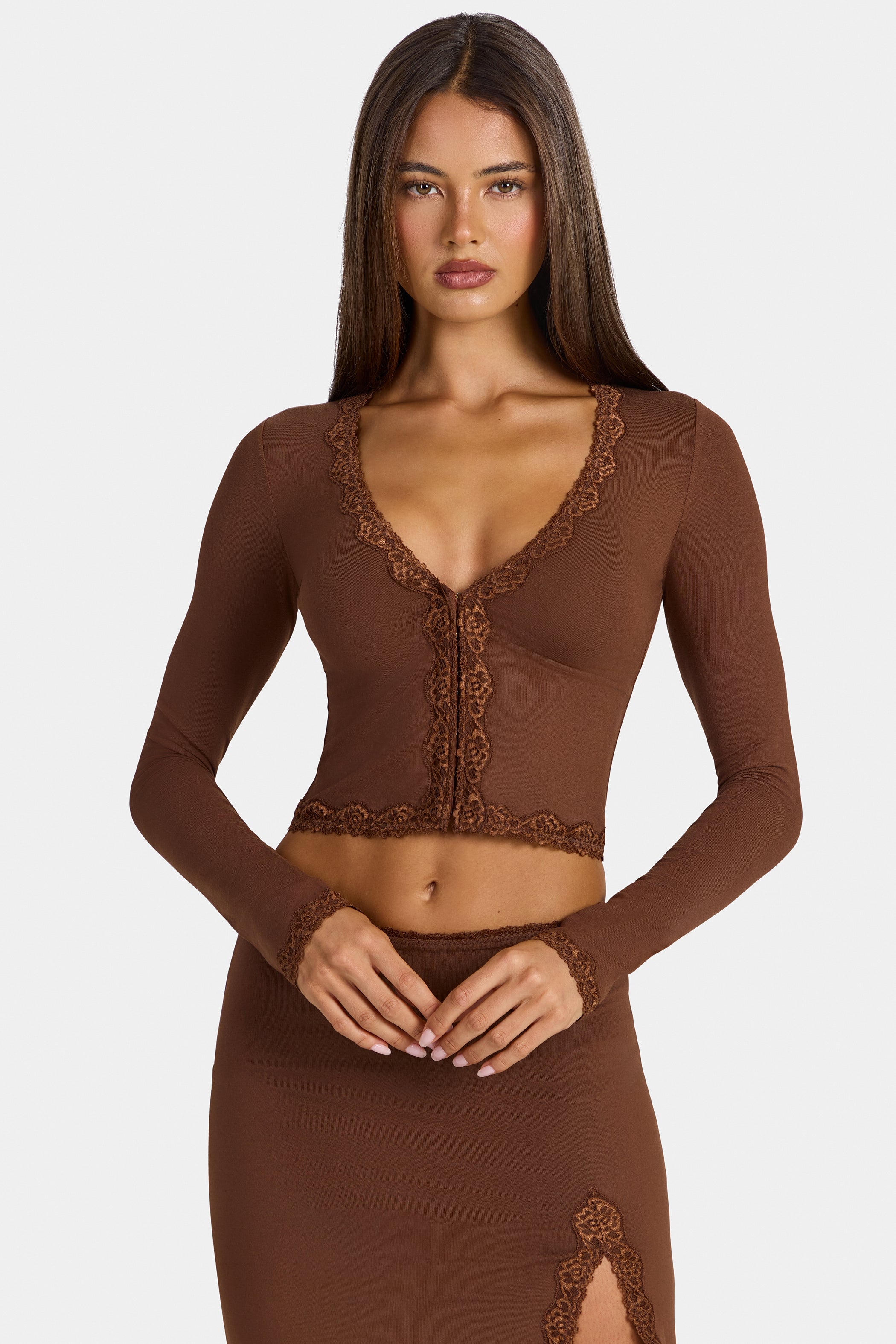 Modal Lace-Trim Cropped Cardigan  in Cocoa Brown