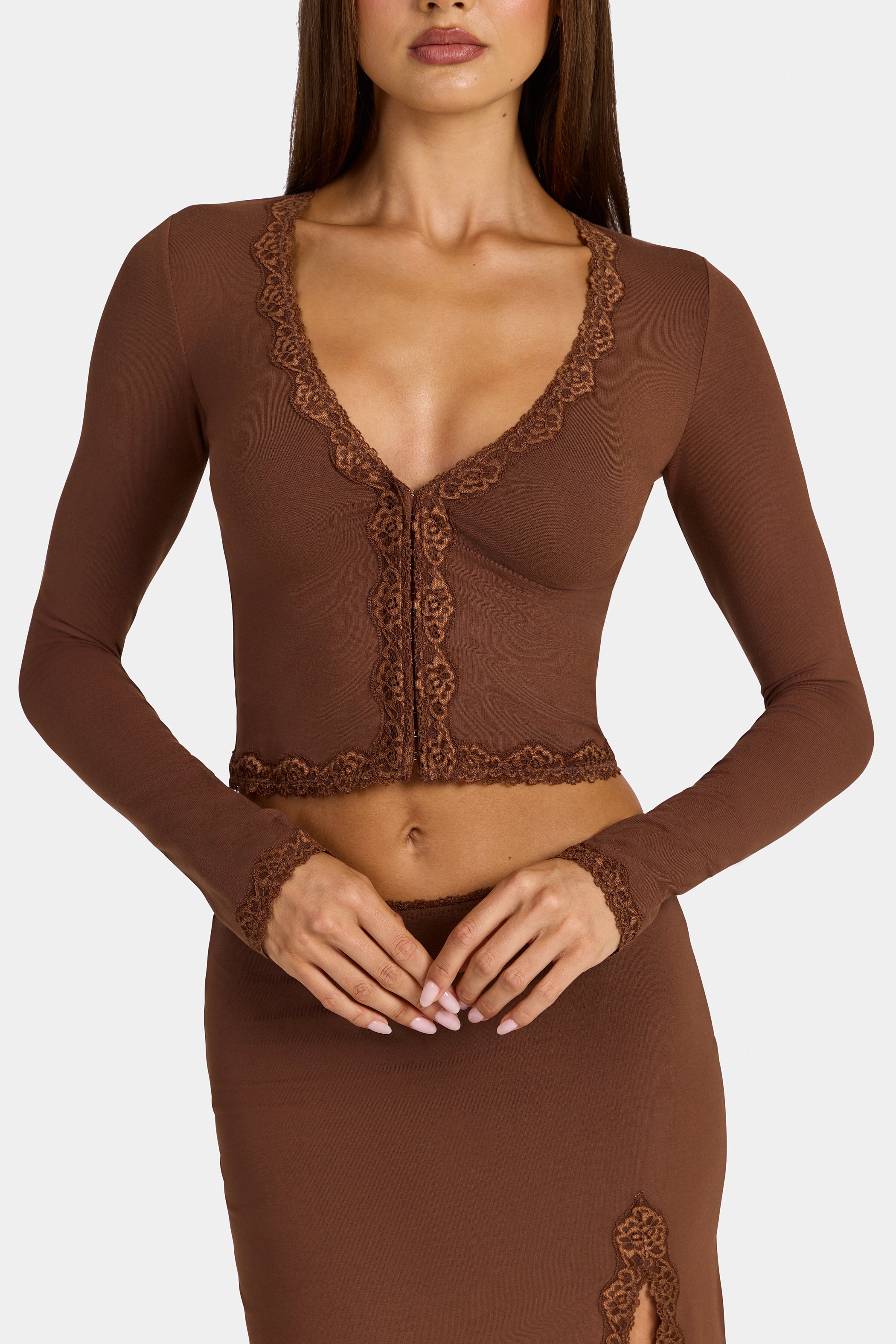 Modal Lace-Trim Cropped Cardigan  in Cocoa Brown