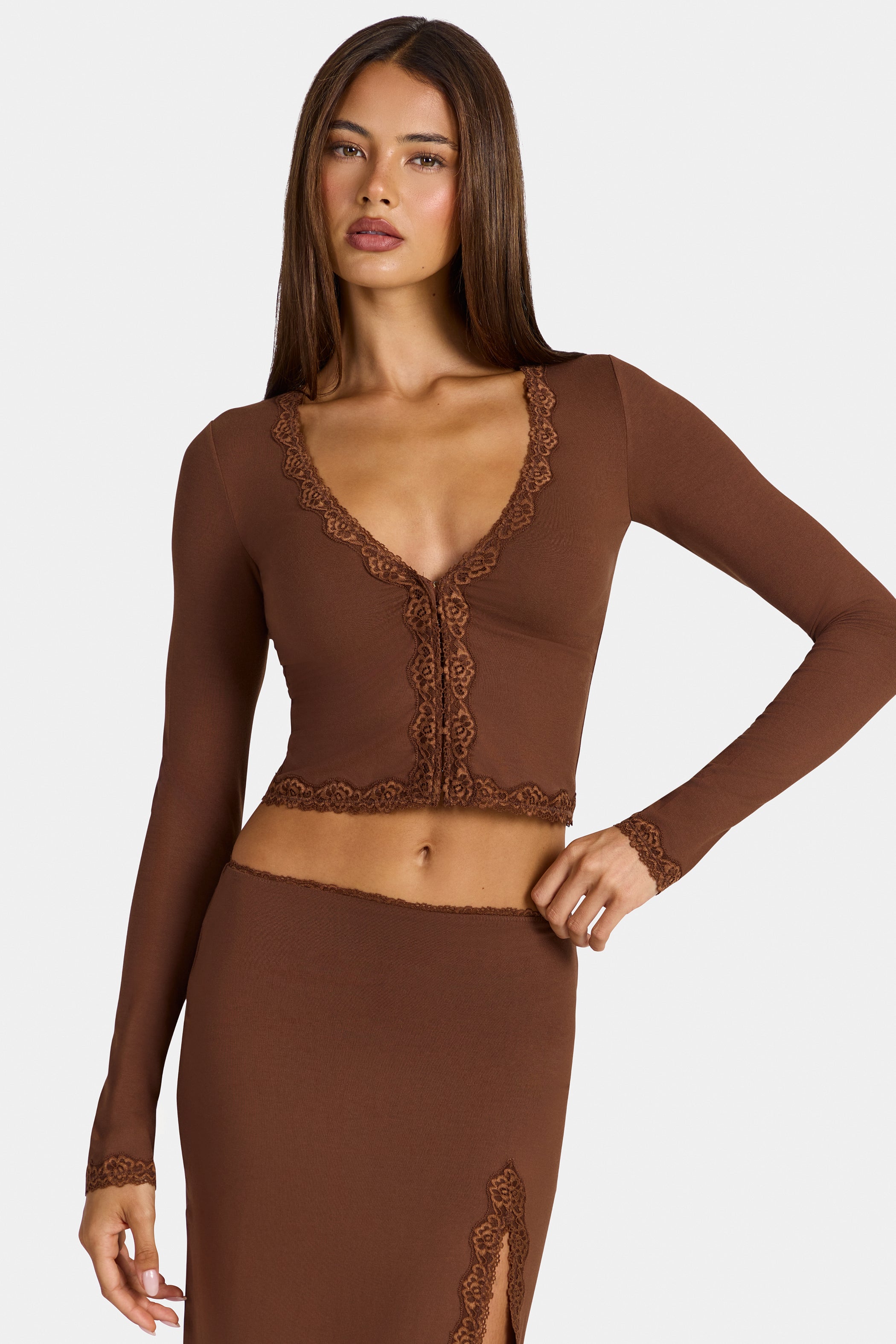 Modal Lace-Trim Cropped Cardigan  in Cocoa Brown