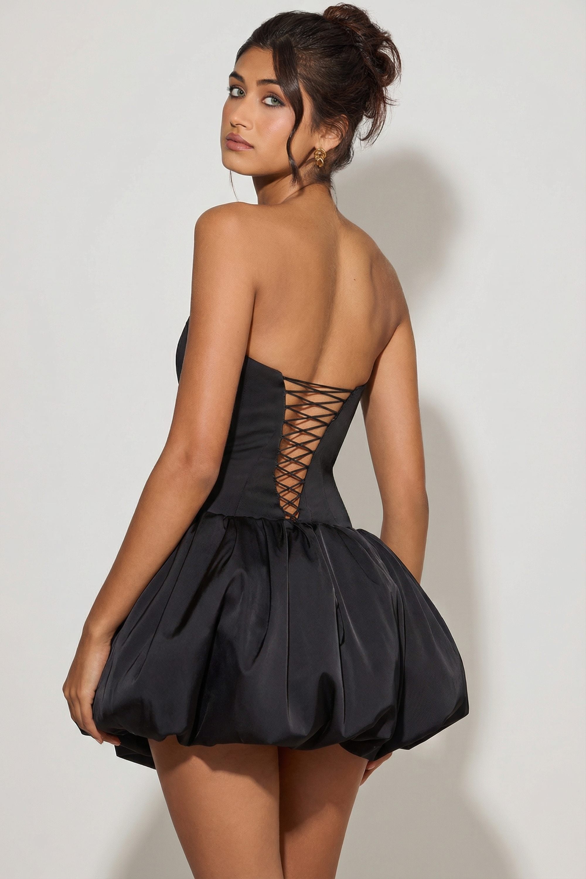 Minerva Lace-Up Bubble Hem Corset Micro Mini Dress in Black