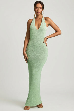 Mirri Boucl Halterneck Maxi Dress in Mint | Oh Polly L Mirri Boucl Halterneck Maxi Dress in Mint | Oh Polly L