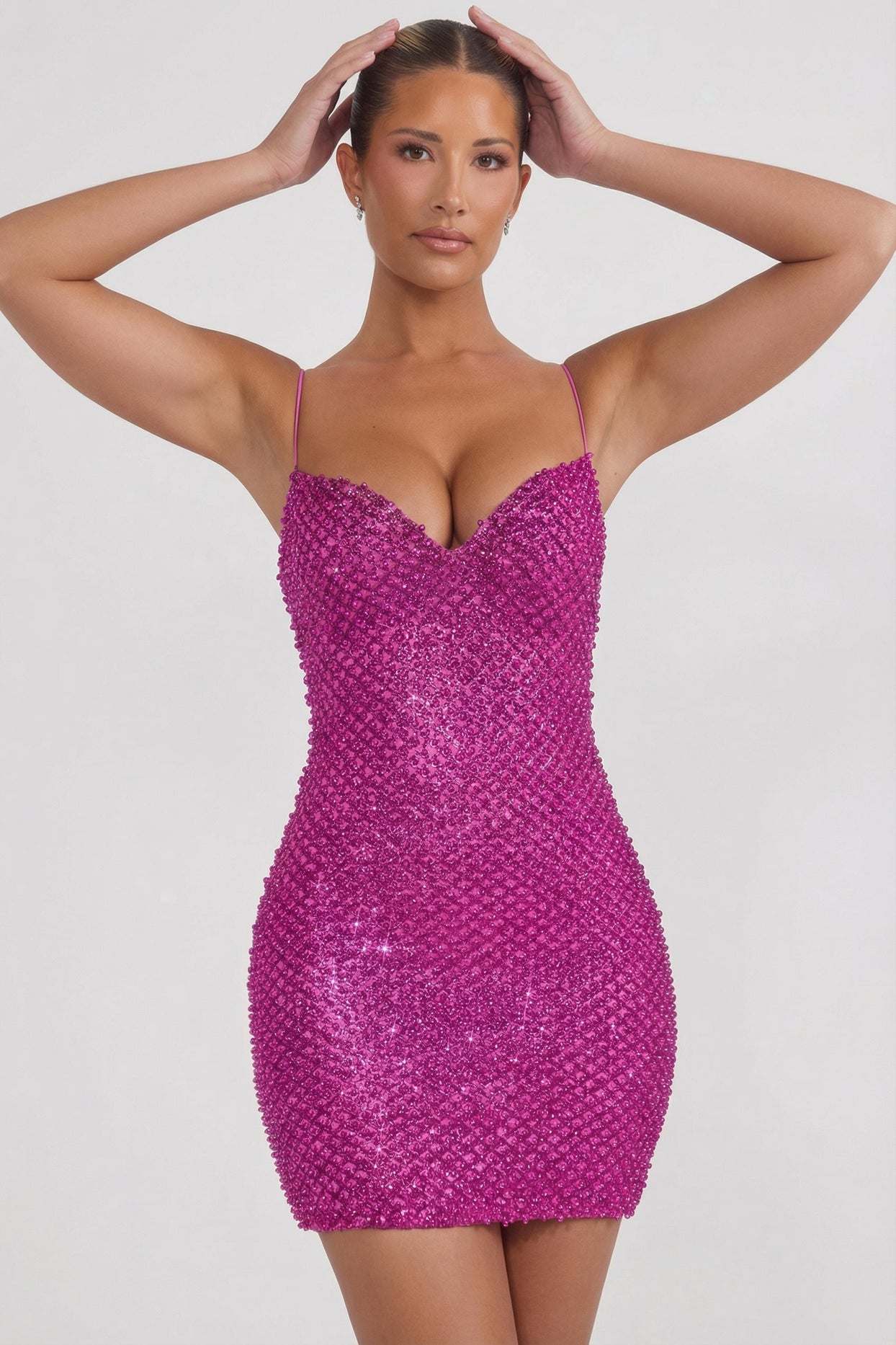 Embellished Sweetheart-Neck Mini Dress in Magenta - 6