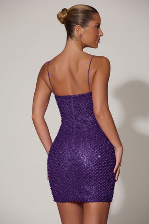 Embellished Sweetheart-Neck Mini Dress in Purple