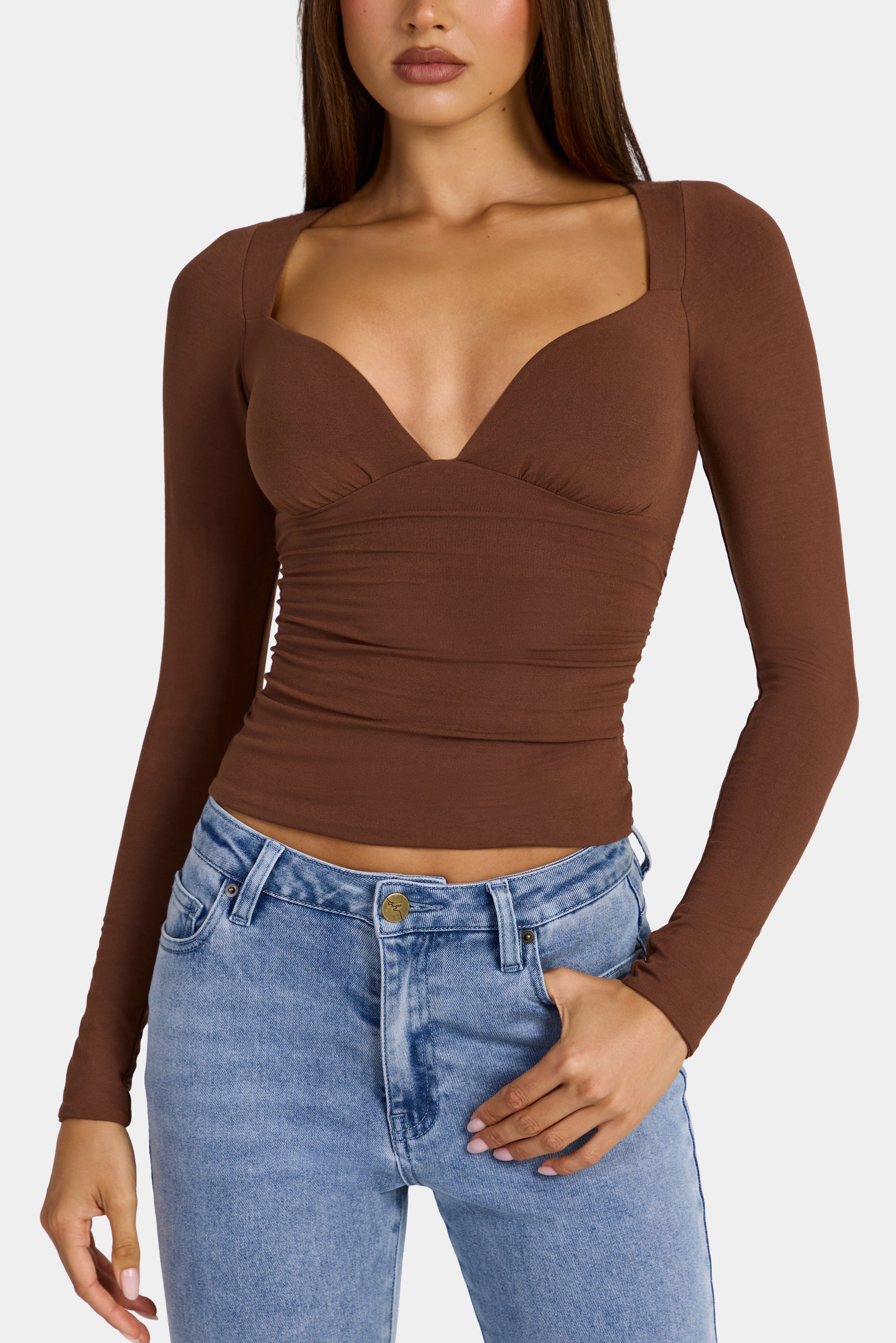 Modal Ruched Long-Sleeve Top in Cocoa Brown