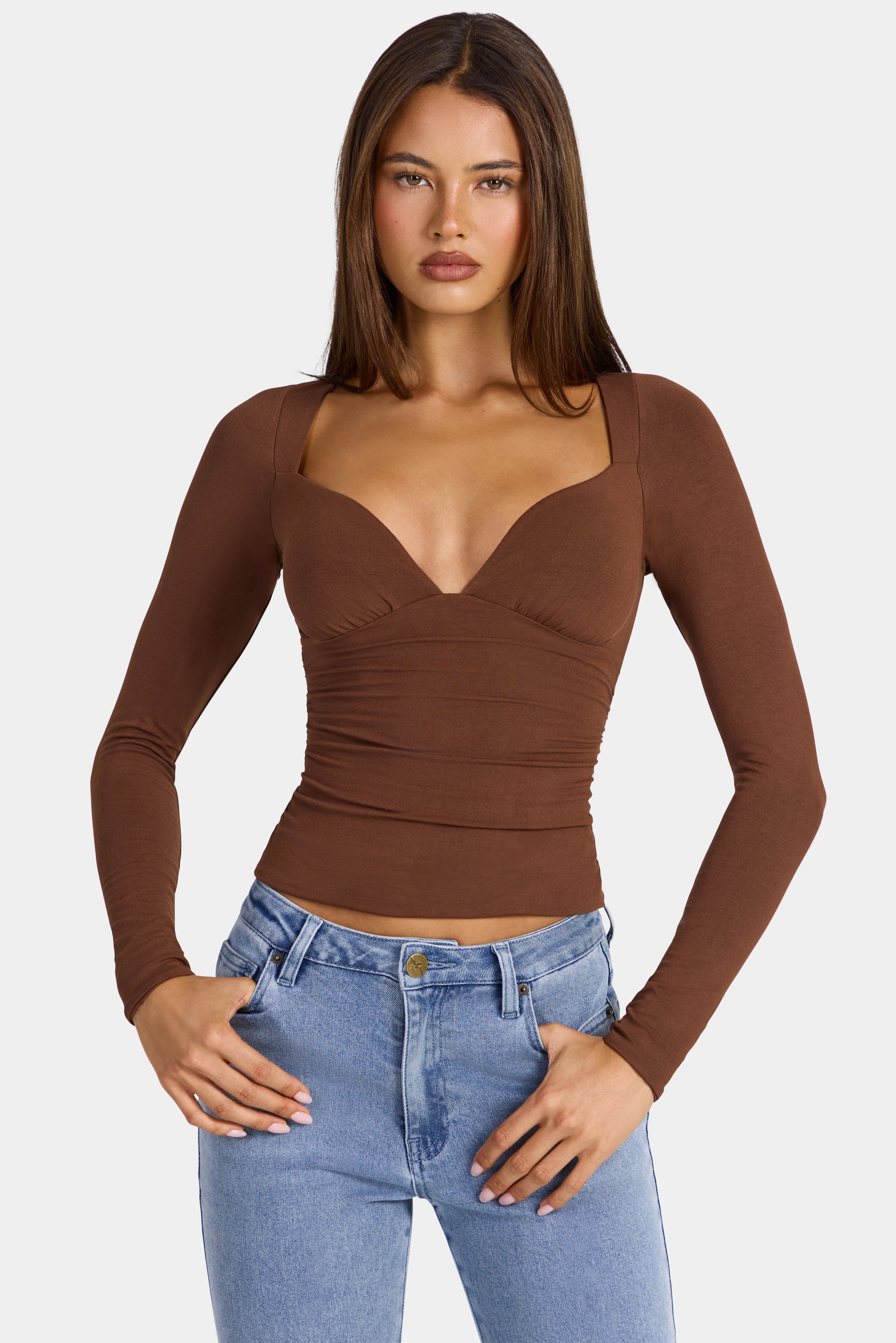 Modal Ruched Long-Sleeve Top in Cocoa Brown