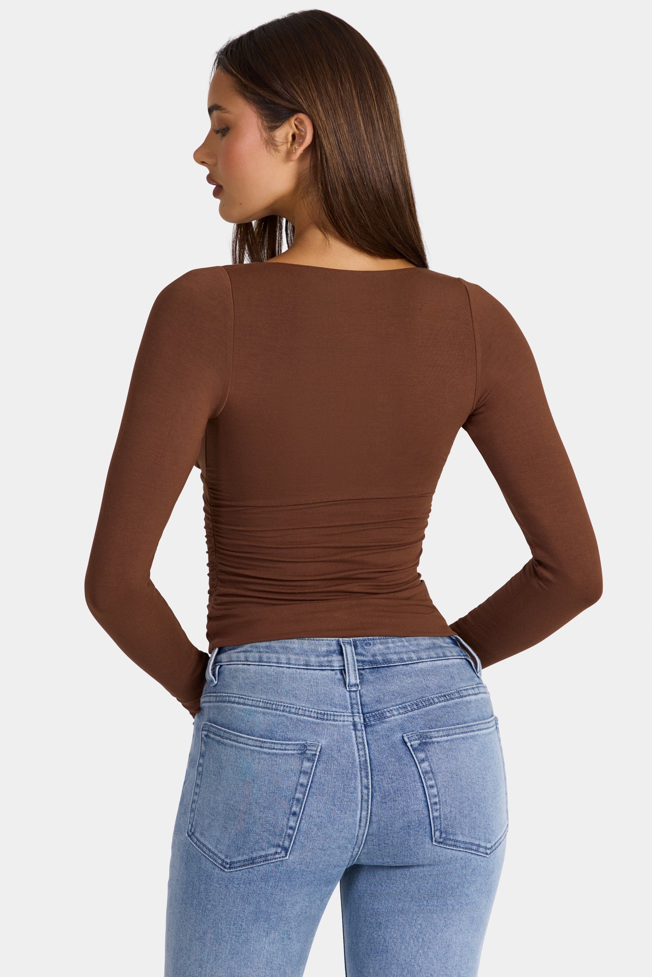 Modal Ruched Long-Sleeve Top in Cocoa Brown